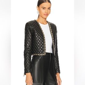Alice + Olivia NWT Zeta quilted black vegan leather jacket gold tone trim